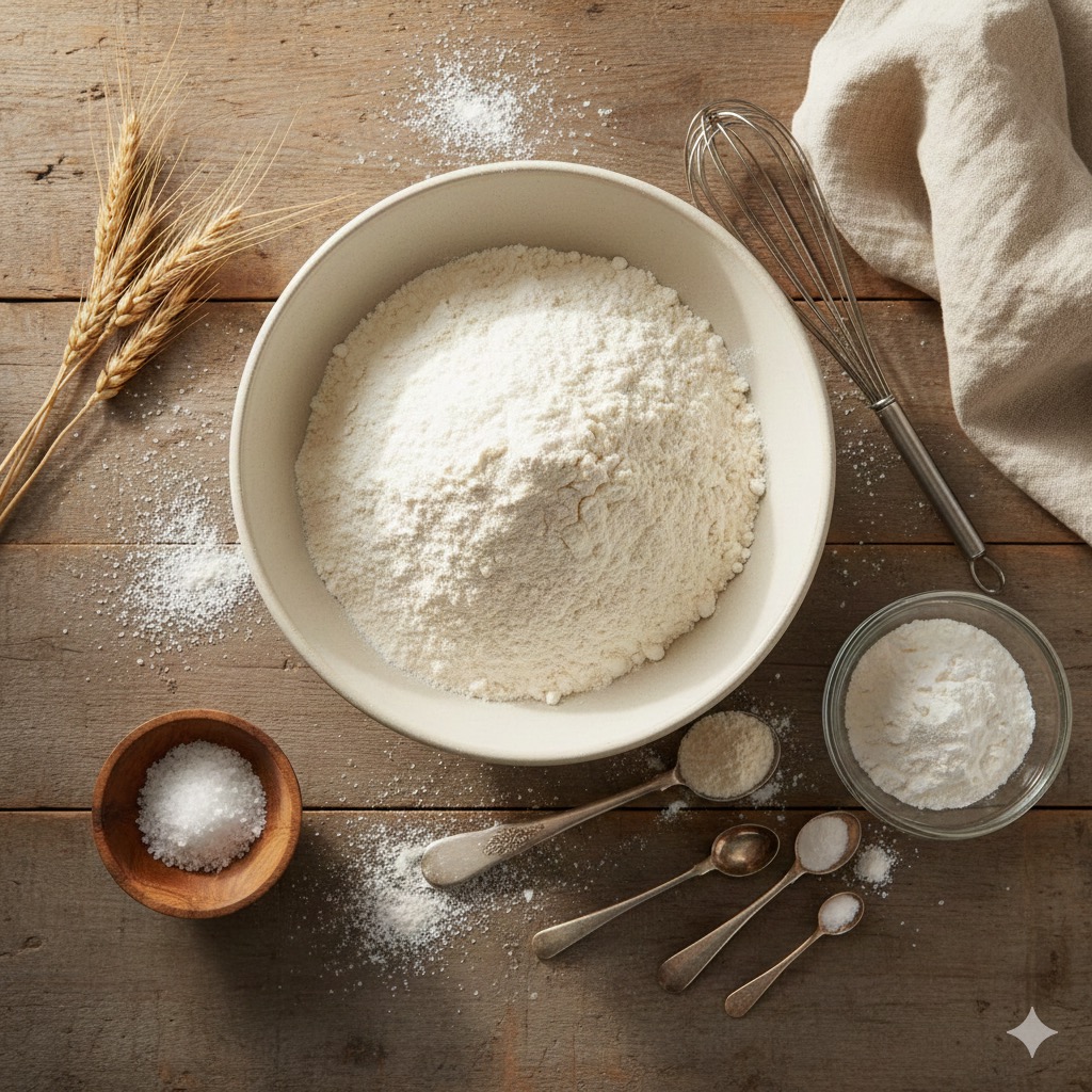 Ingredientes para hacer harina leudante casera: harina, polvo para hornear y sal