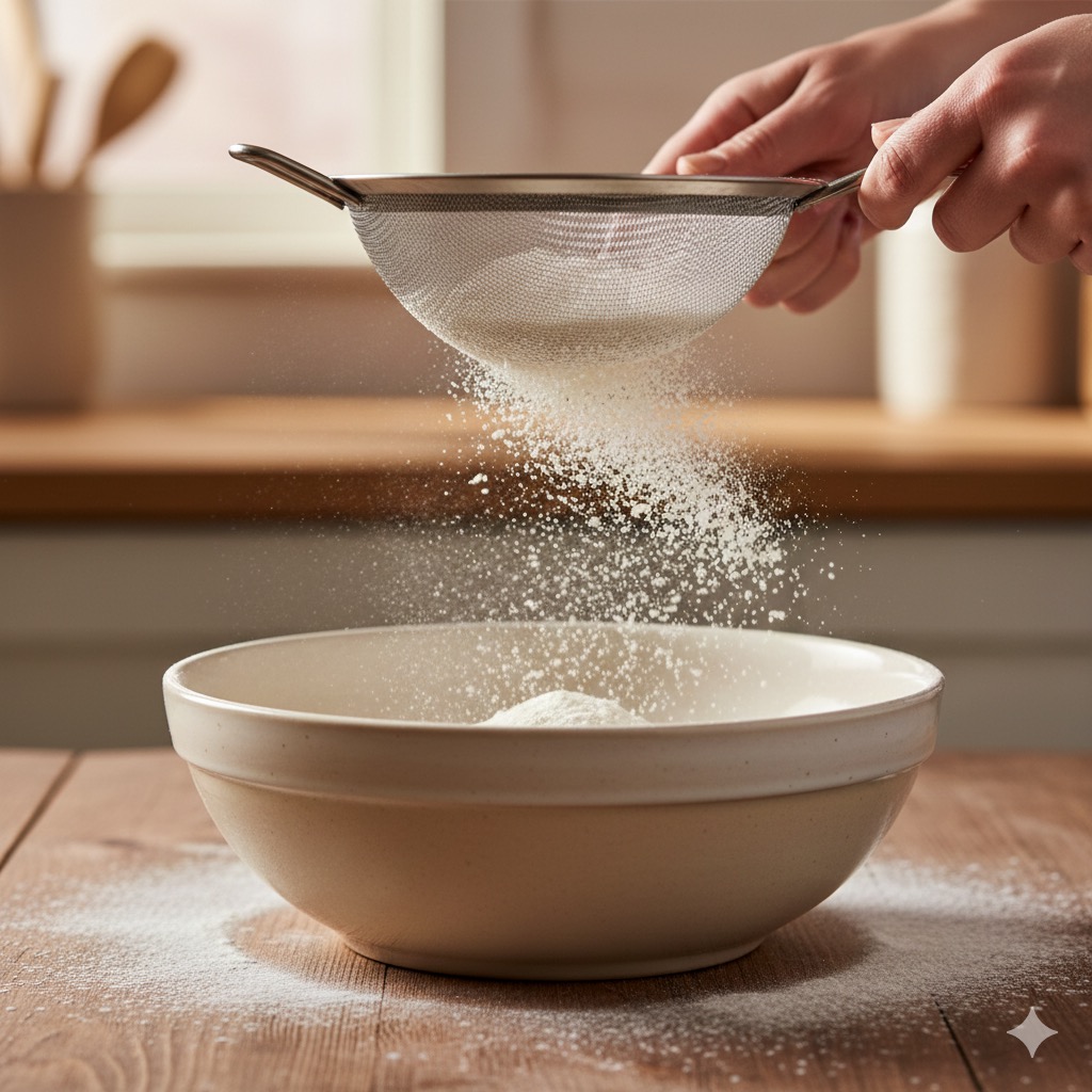 Tamizando harina a través de un colador